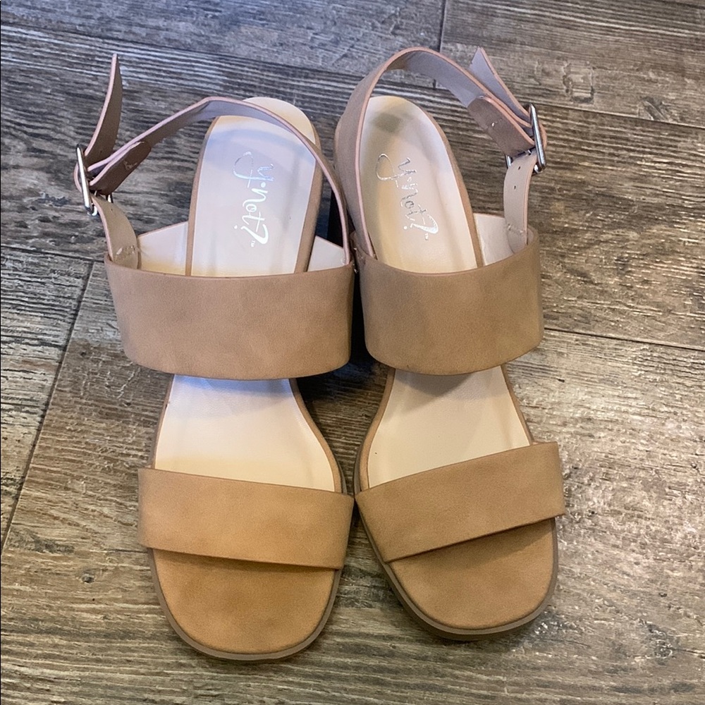 Tan Chunky Heel Sandals with Wide Straps Y-Not brand